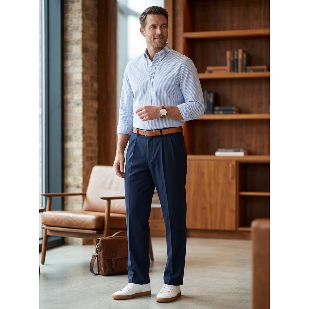 Pleated Relaxed Fit Dockers Navy Microfiber Polyester Trousers Size 44x30